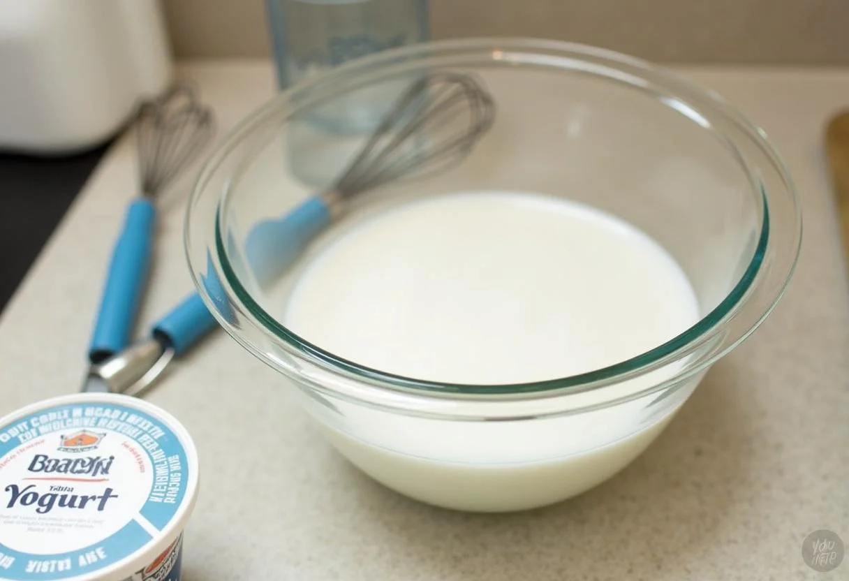 Preparação do iogurte proteico com leite e iogurte na tigela de vidro.