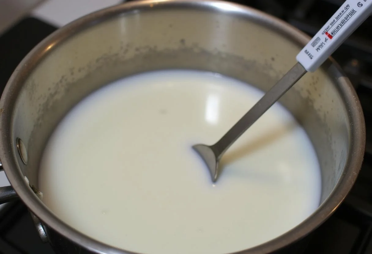 Aquecendo o leite para fazer iogurte proteico em uma panela no fogão.