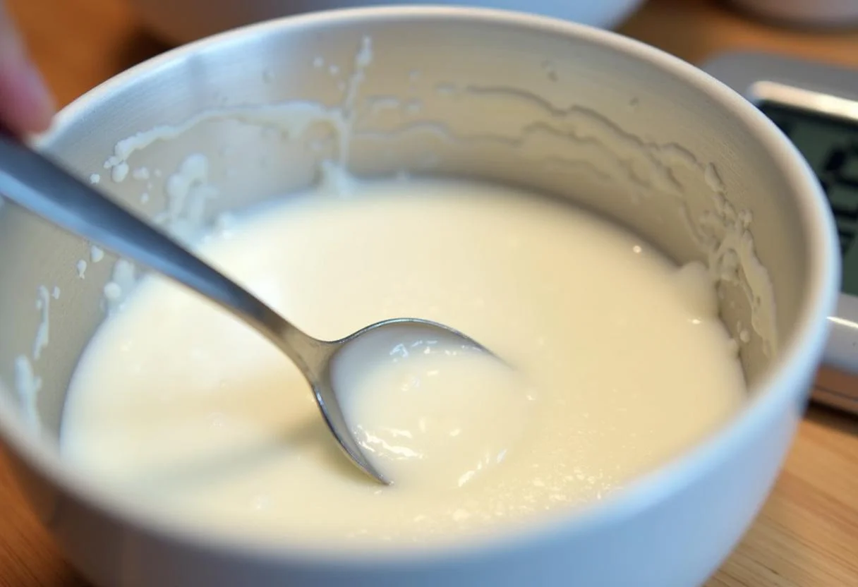 Misturando o iogurte proteico até ficar homogêneo na tigela de vidro.