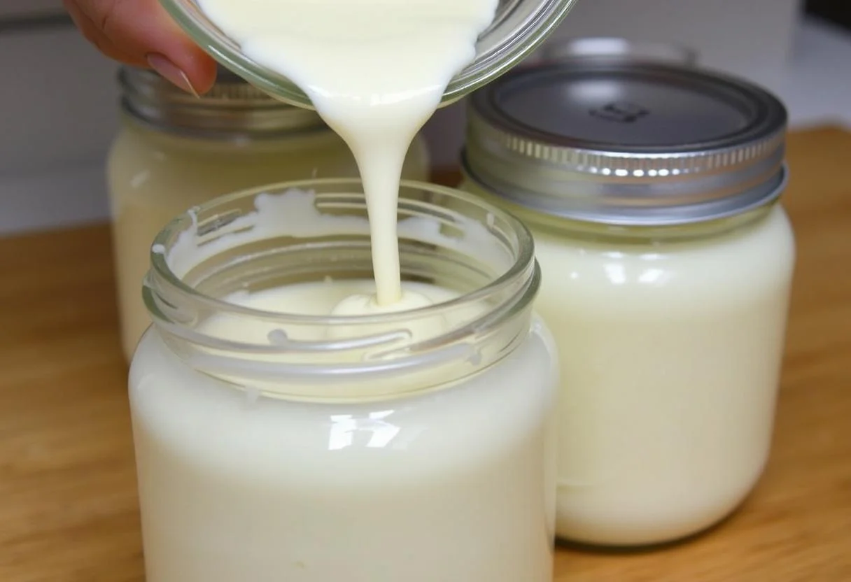Preparando potes de iogurte proteico caseiro prontos para fermentação.