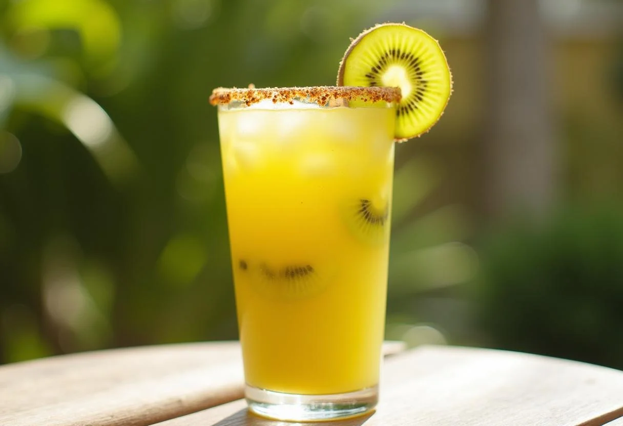 Bebida Kiwi Amarelo Natural finalizada, destacando o sabor vibrante do kiwi amarelo.