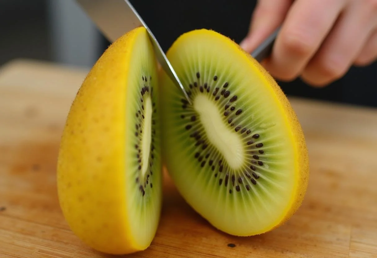 Kiwi amarelo fresco sendo cortado em preparação para o Kiwi Amarelo Natural.