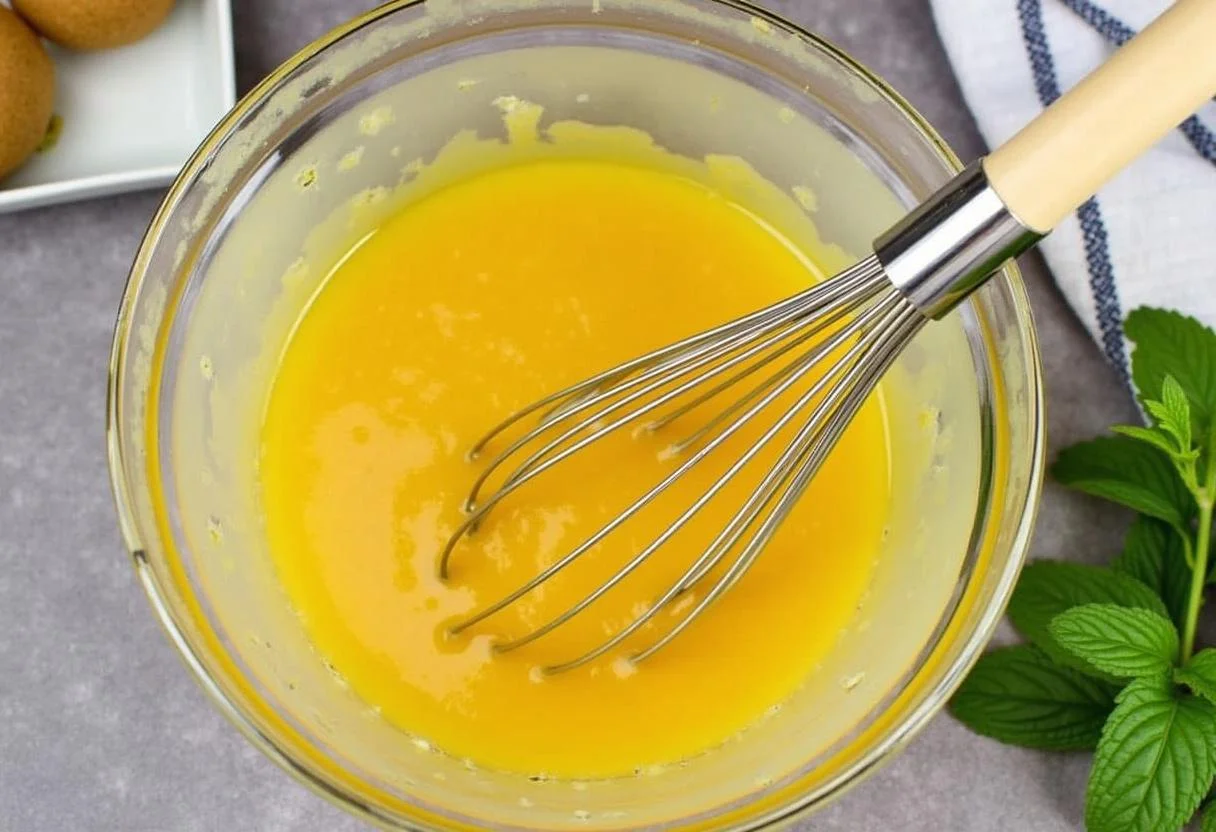 Misturando polpa de kiwi amarelo e mel para criar o Kiwi Amarelo Natural.
