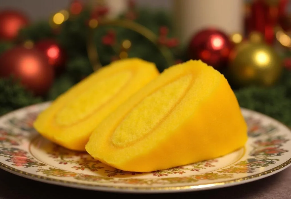 Sliced lampreia de ovos on a plate, a traditional Portuguese dessert for special occasions.