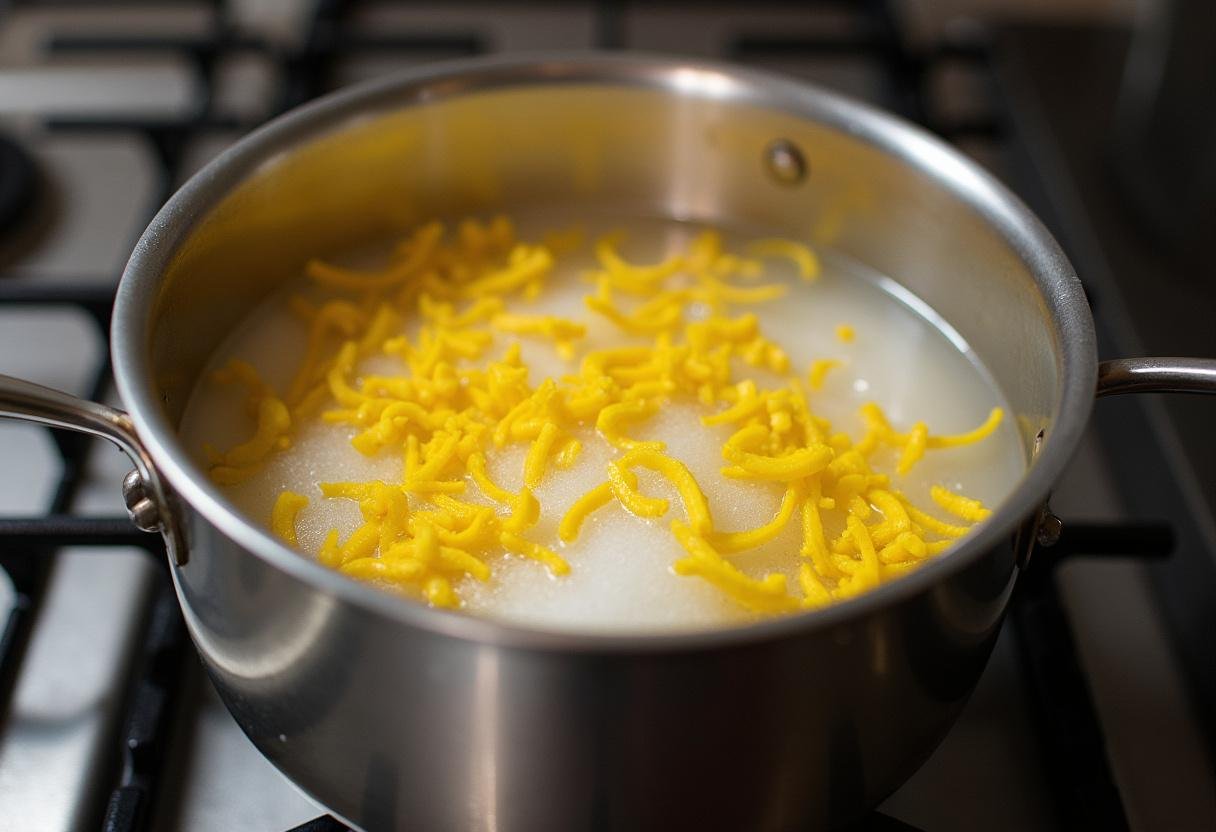 Preparação da calda de açúcar a ferver para a receita de lampreia de ovos.