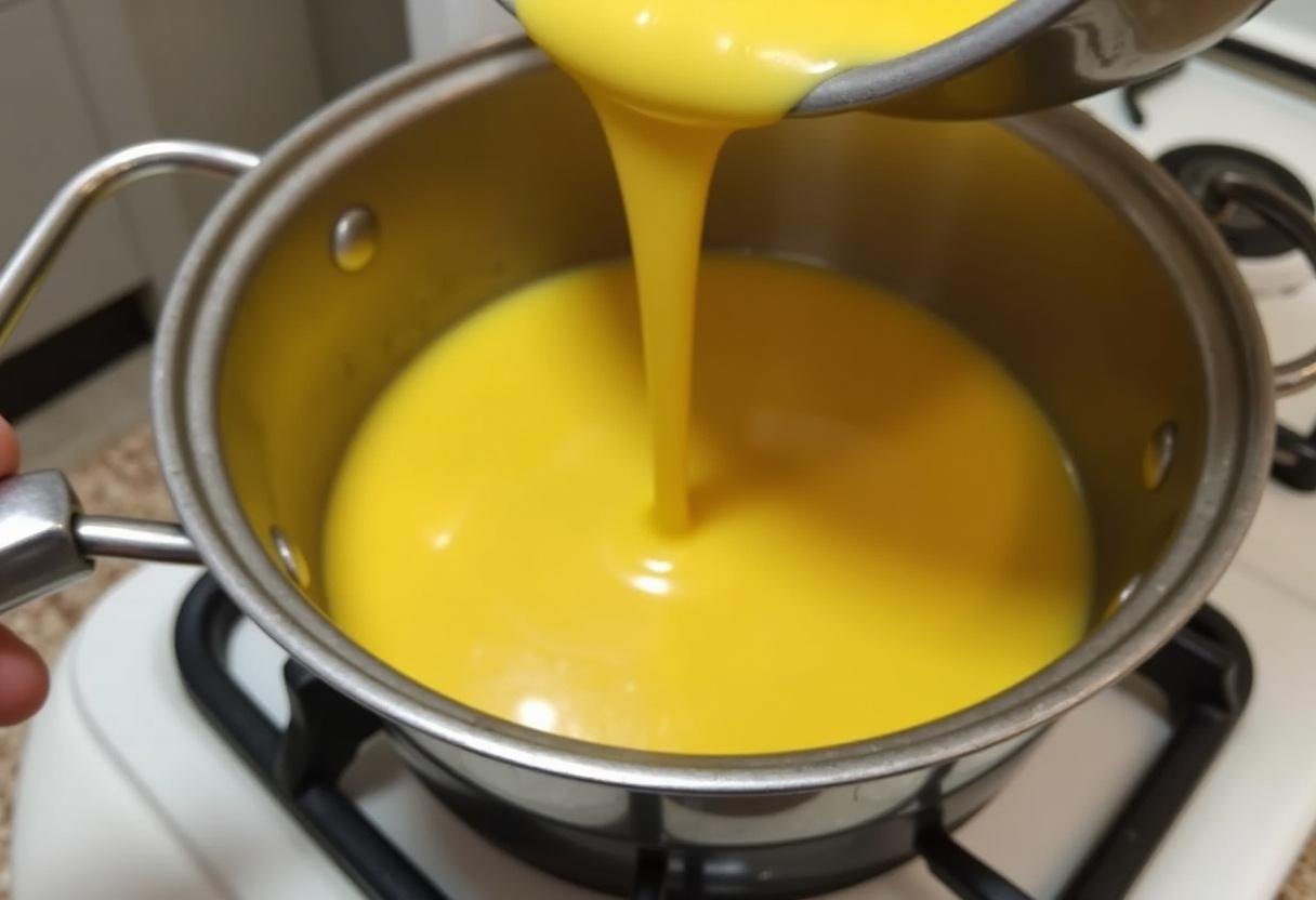 Despejar a mistura de gemas de ovo na panela para cozinhar a lampreia de ovos.