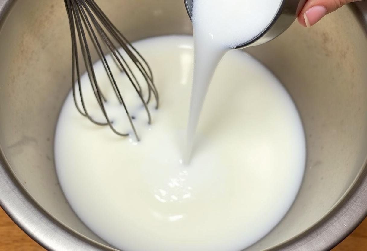 Sugar being added to coconut milk for making leite condensado sem lactose.