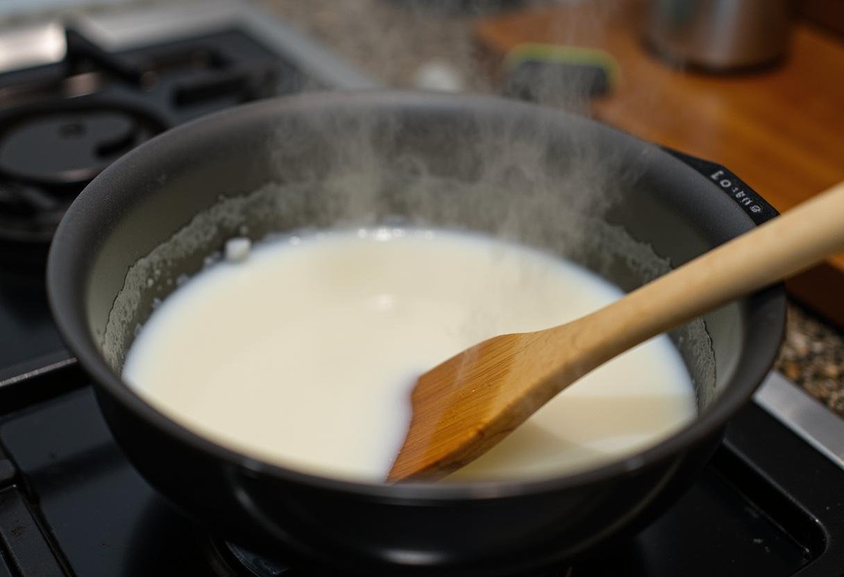 Coconut milk and sugar mixture simmering in a saucepan for leite condensado sem lactose.