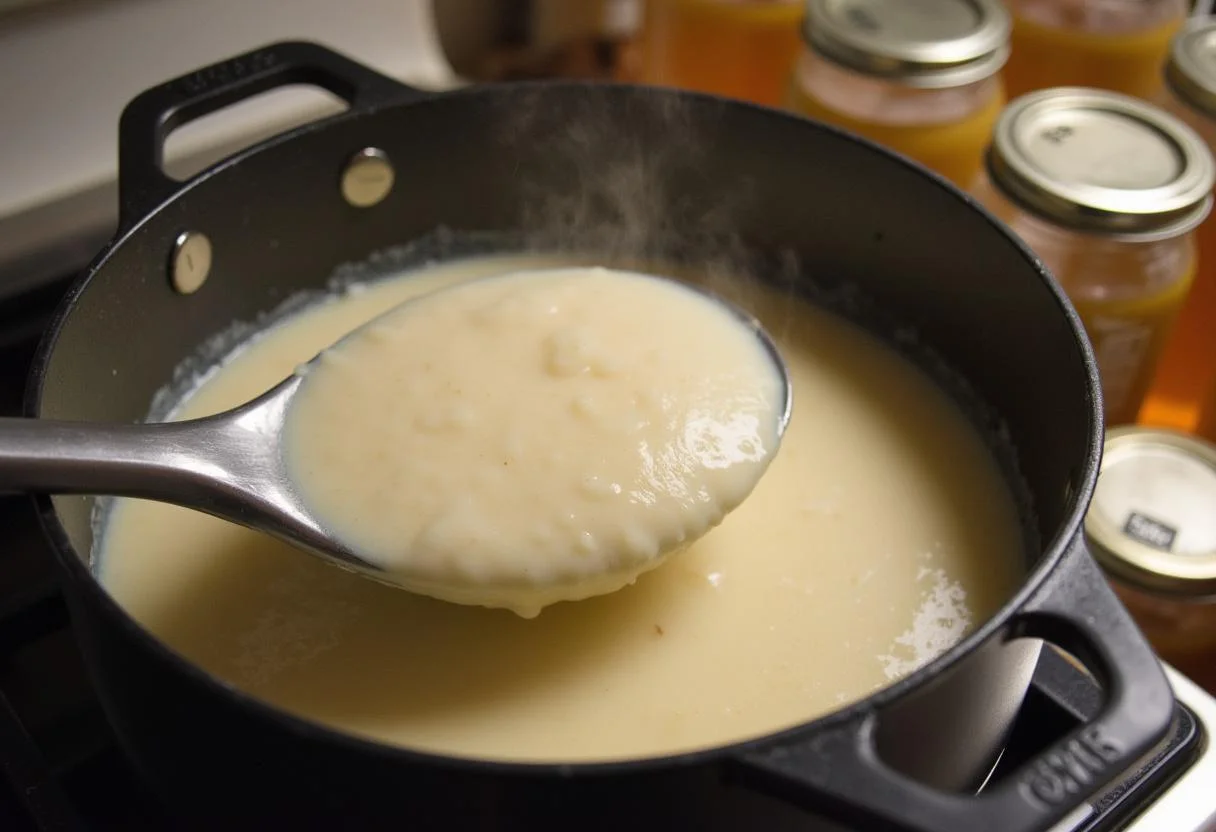 Thick coconut mixture prepared for leite condensado sem lactose, ready to be jarred.