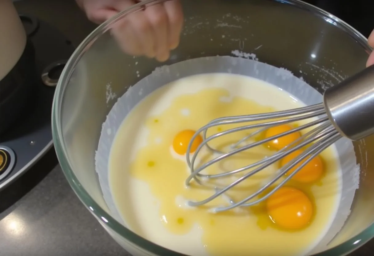 Ingredientes para leite creme bimby a serem misturados numa tigela para a sobremesa tradicional.