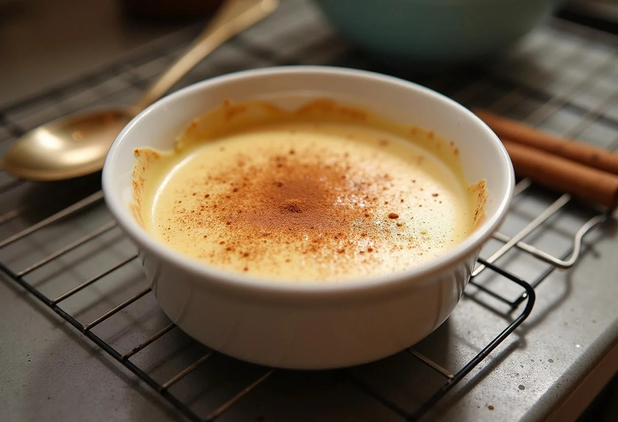 Leite creme bimby tradicional a arrefecer e pronto para servir, decorado com canela.