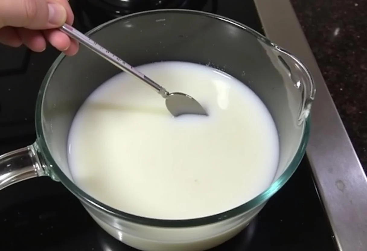 Fresh milk being warmed for making leite mimosa caseiro.