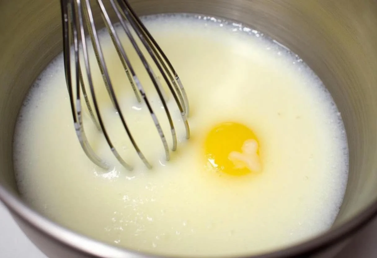 Whisking together milk and lemon juice for homemade leite mimosa caseiro.
