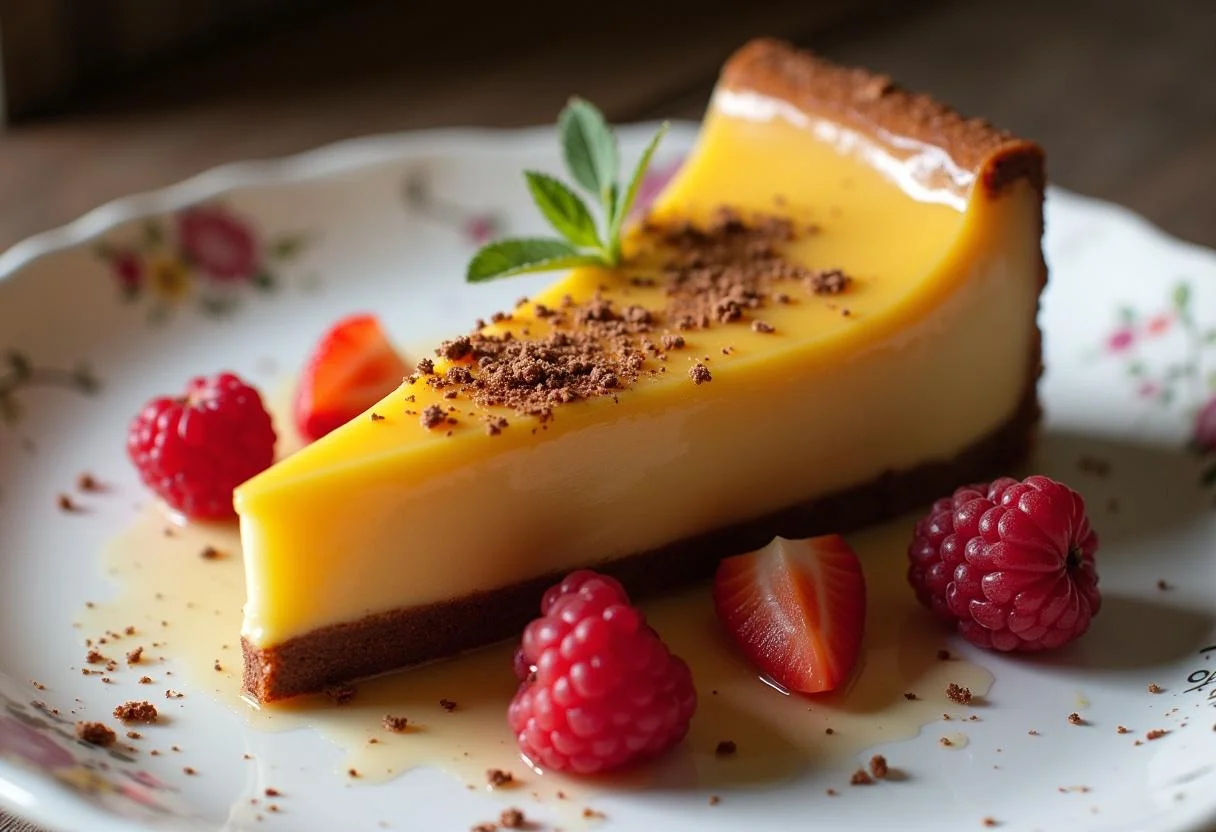 Fatias de Leite Ninho Condensado prontas para servir, decoradas com raspas de chocolate e frutas.