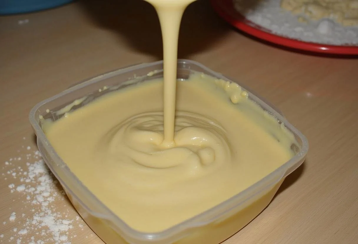 Mistura de Leite Ninho Condensado sendo colocada em uma forma para Resfriar e solidificar.
