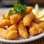 Crispy fried linguas de bacalhau served with lemon and parsley, perfect as an appetizer.