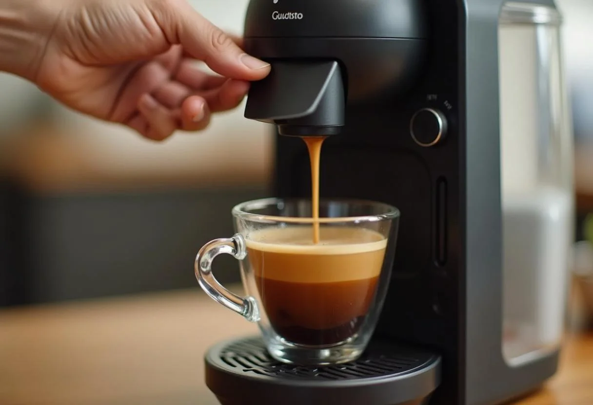 Ajuste do controle de dose na máquina de café Dolce Gusto durante a preparação do café.