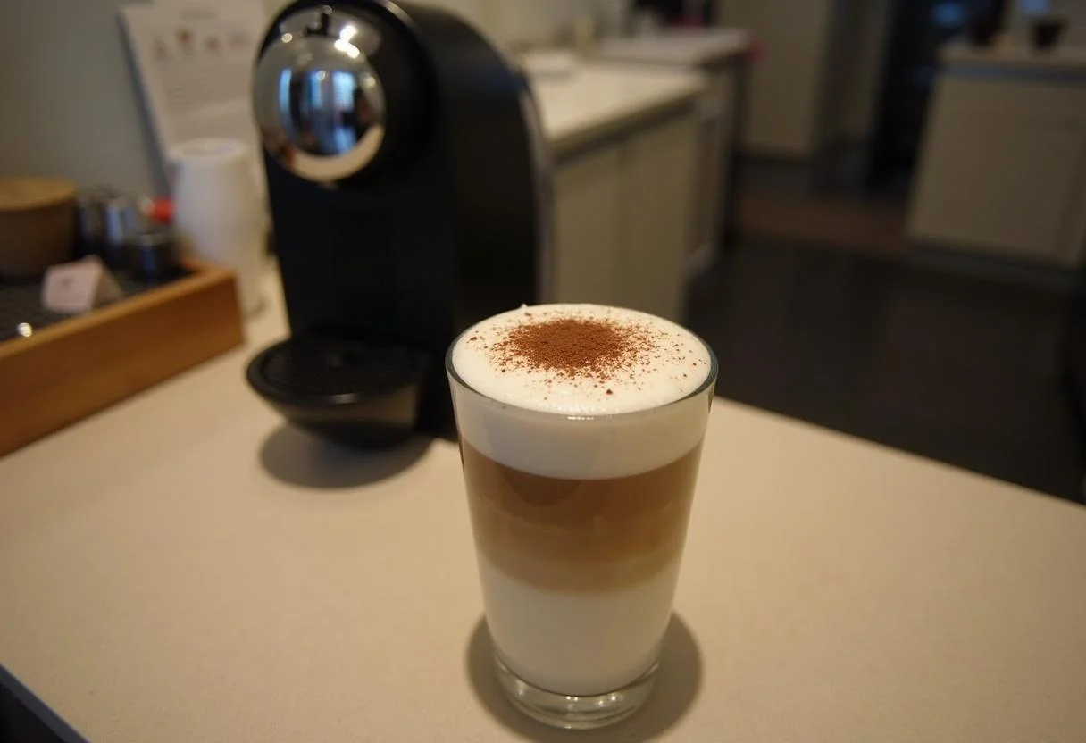 Bebida de café finalizada com leite e cacau, pronta na máquina de café Dolce Gusto.