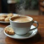 Xícara de café recém-preparado servida com biscoitos em uma mesa rústica.