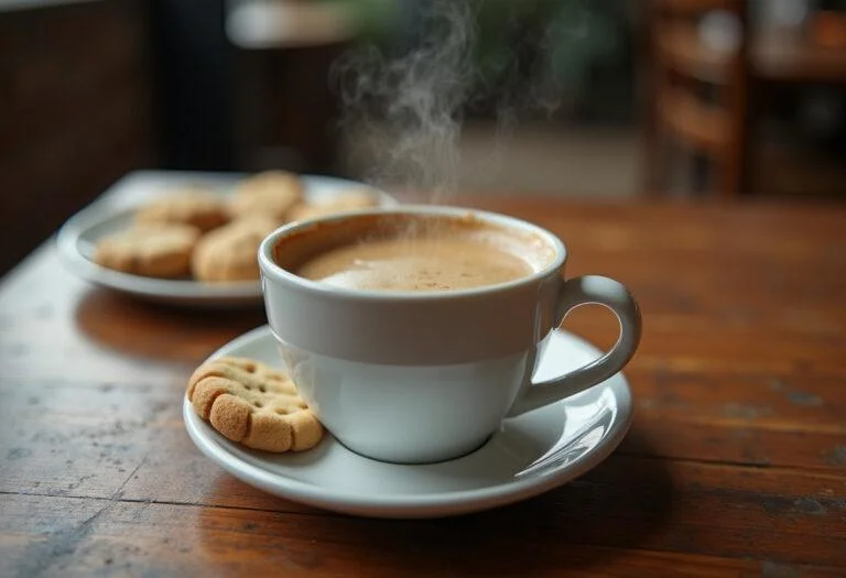 Xícara de café recém-preparado servida com biscoitos em uma mesa rústica.