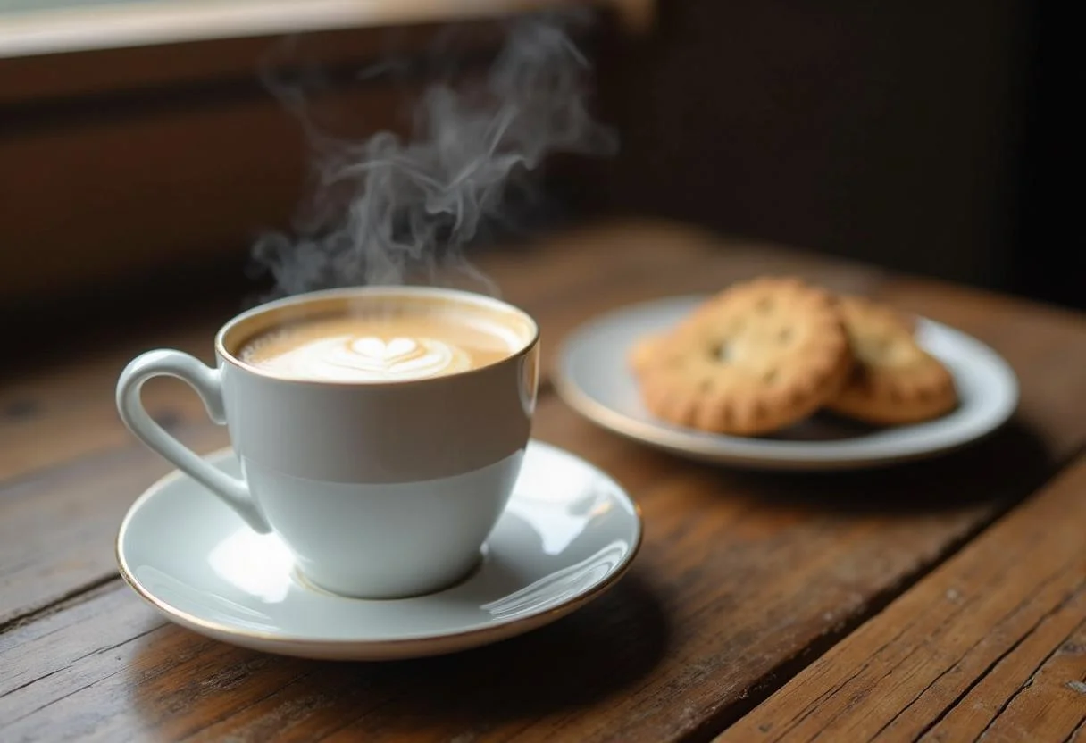 Xícara de café recém-preparado servida com biscoitos em uma mesa rústica.