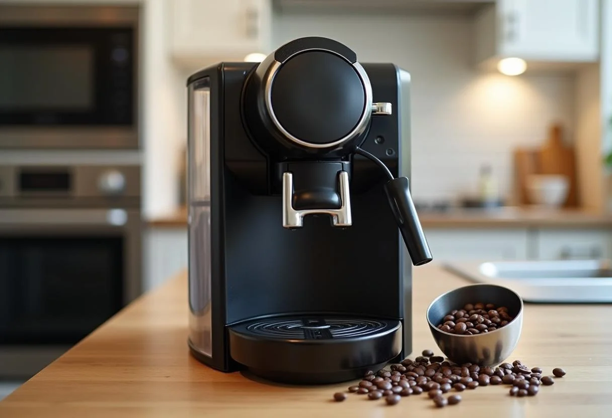 Máquina de café automática sendo preparada com grãos de café e colher na bancada da cozinha.