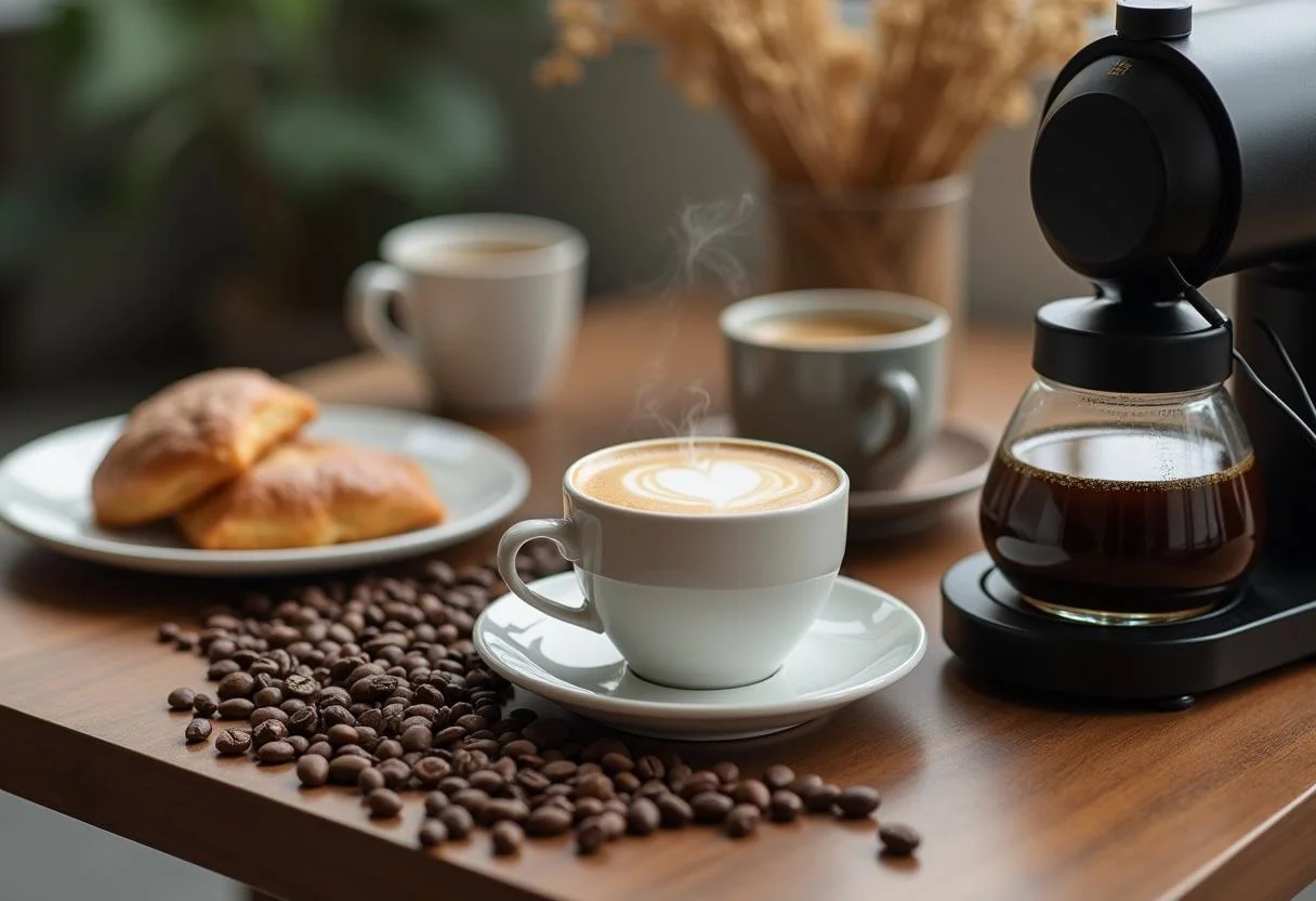 Café servido em uma mesa com máquina de café portátil, grãos de café e doces.