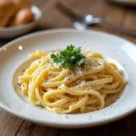 Massa carbonara com natas e bacon pronta para servir em um prato rústico.