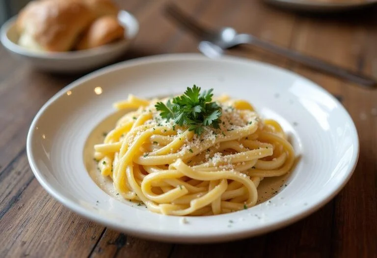 Massa carbonara com natas e bacon pronta para servir em um prato rústico.