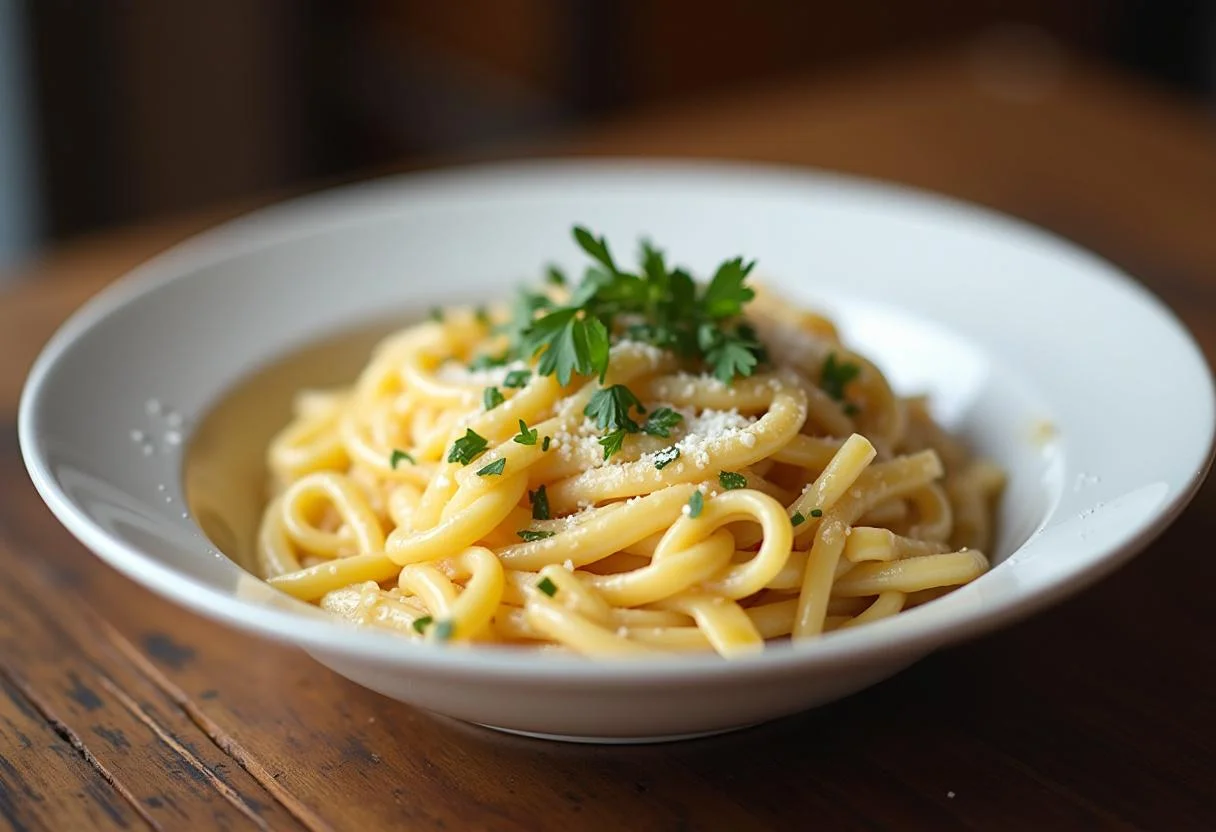 Massa carbonara com natas e bacon pronta para servir em um prato rústico.