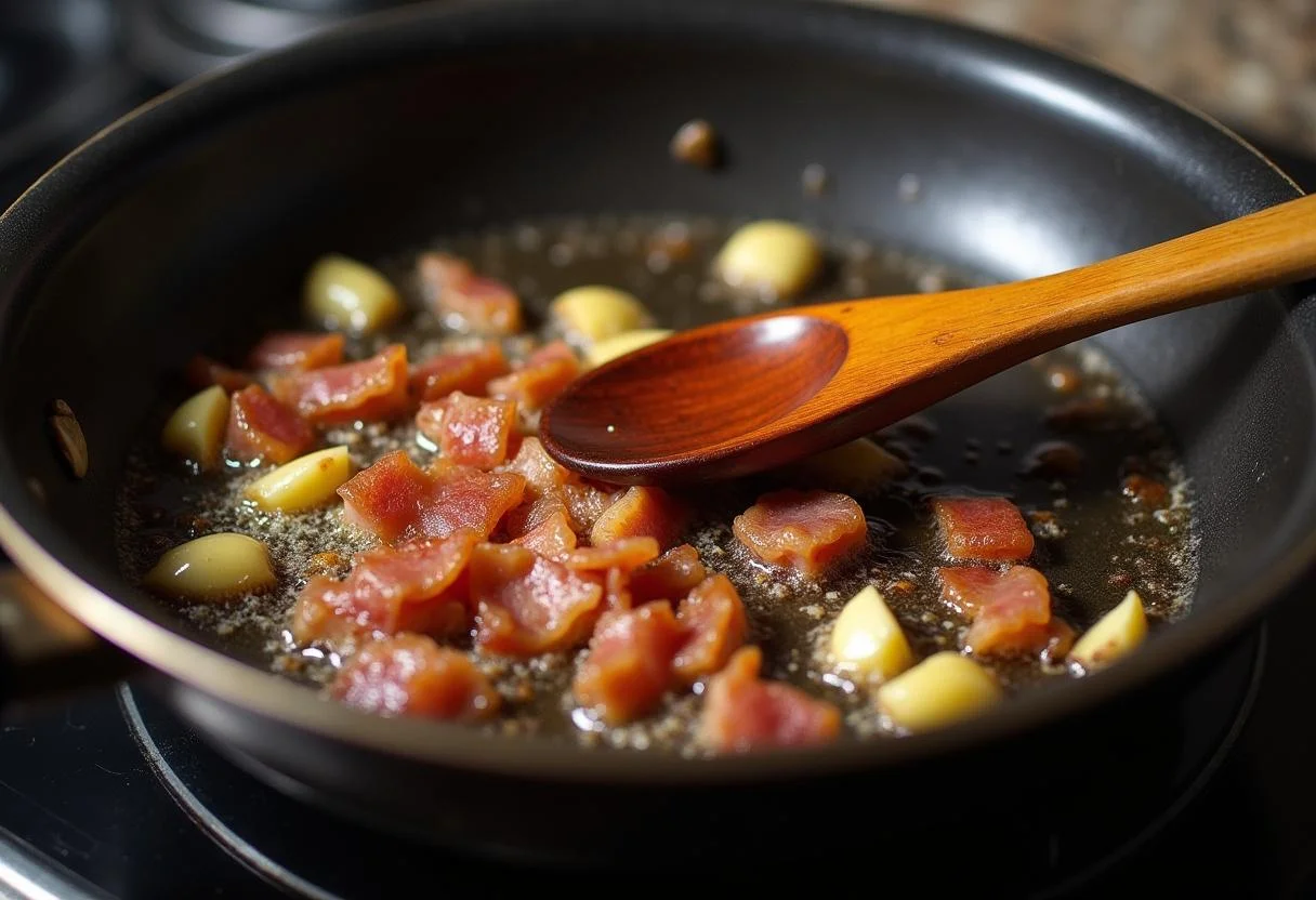 Bacon crocante sendo frito para a massa carbonara com natas e bacon.