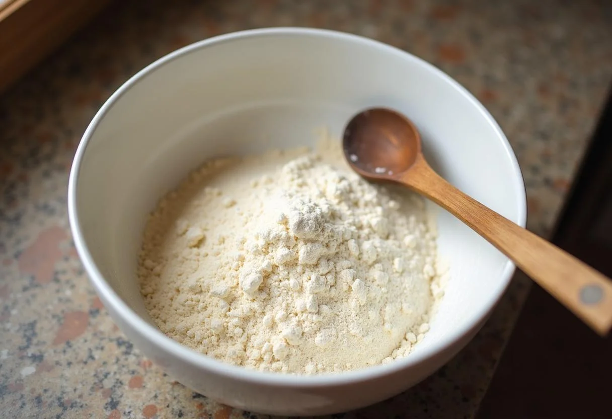 Bowl of flour and cornstarch for preparing massa chinesa.