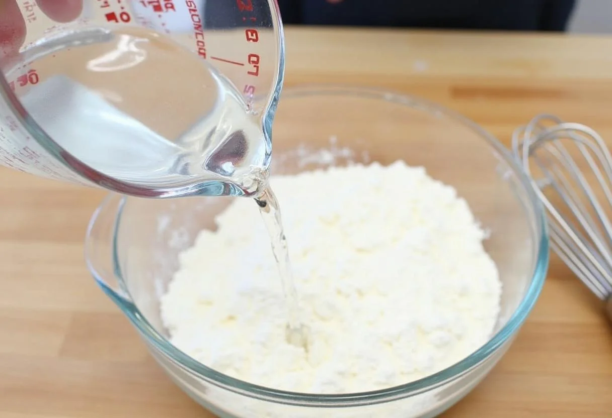 Warm water added to flour and cornstarch for making massa chinesa dough.