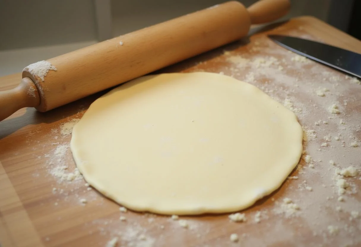 Flattened massa chinesa dough ready for cutting and shaping in the kitchen.
