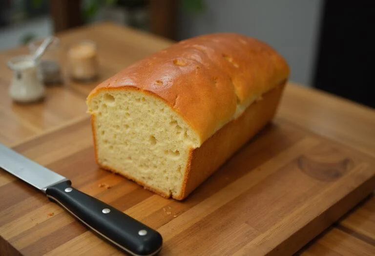 Finished pão massa mãe loaf, golden brown crust ready to be served.