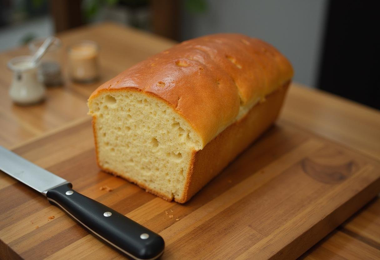 Finished pão massa mãe loaf, golden brown crust ready to be served.