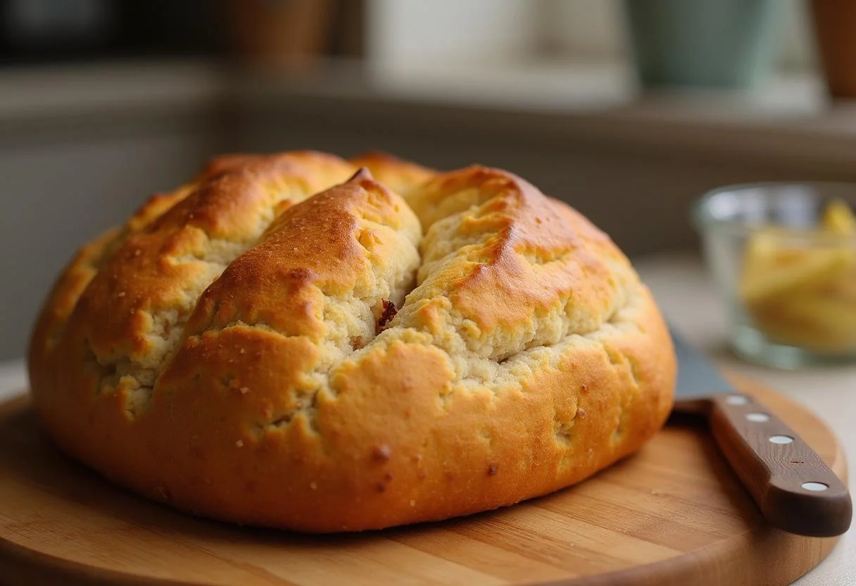 Finished pão massa mãe loaf, golden brown crust ready to be served.