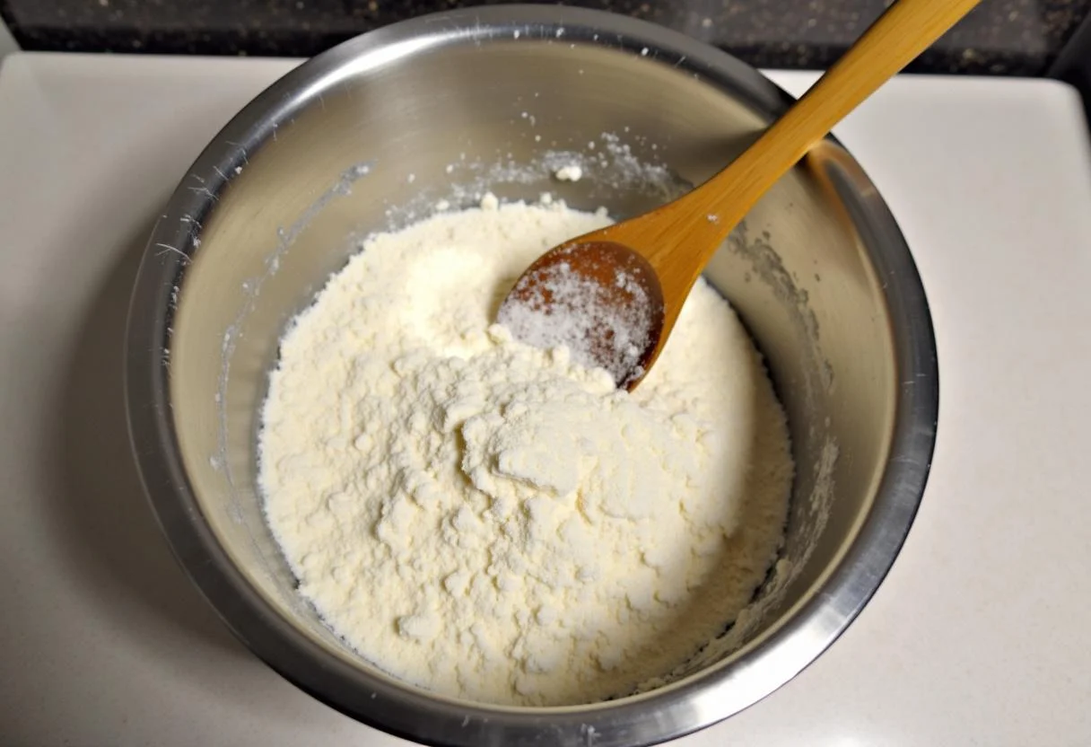 Massa mãe preparation begins with flour and water in a bowl for making pão massa mãe.