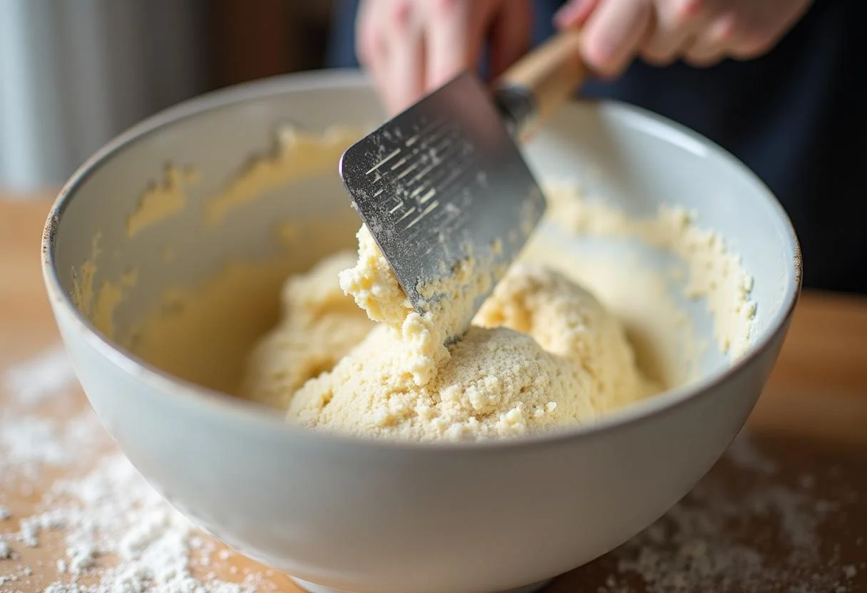 Kneading the dough for massa mãe to develop gluten for pão massa mãe.
