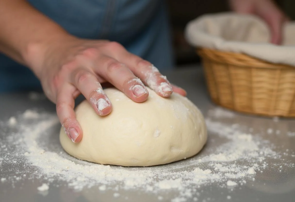 Shaping the risen massa mãe dough into a loaf, essential for making pão massa mãe.