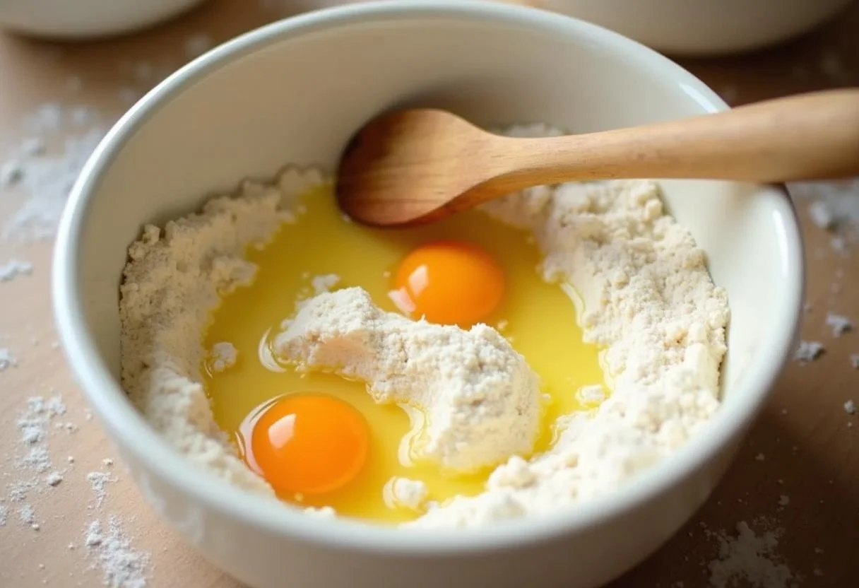 Preparando a massa tenra com farinha e ovos para um prato delicioso.