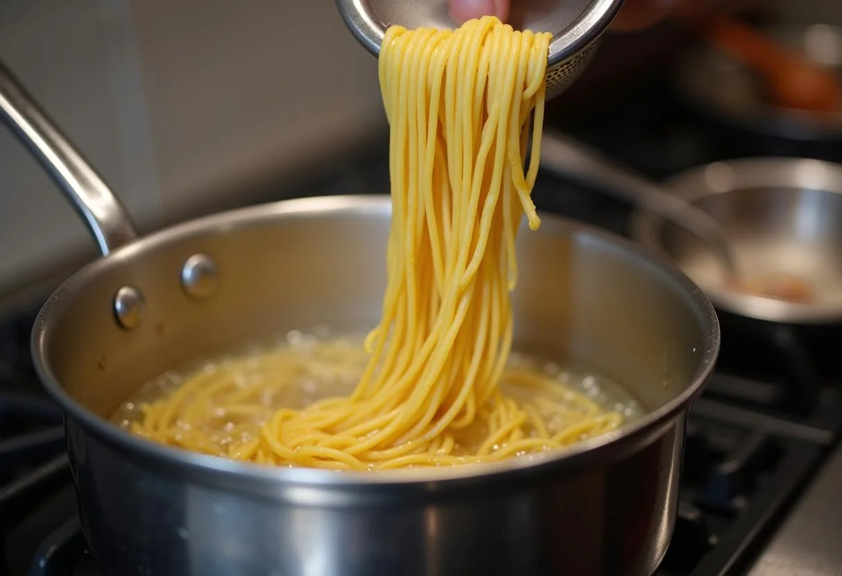 Cozinhando massa tenra em água fervente para um prato fresco e delicioso.