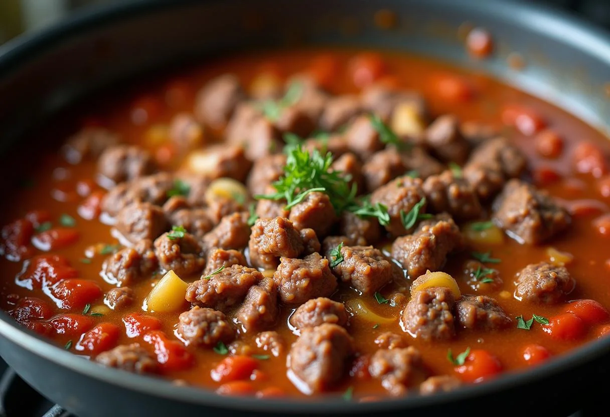 Mistura de carne moída com cebolas e alho na preparação da massa à bolonhesa receita.