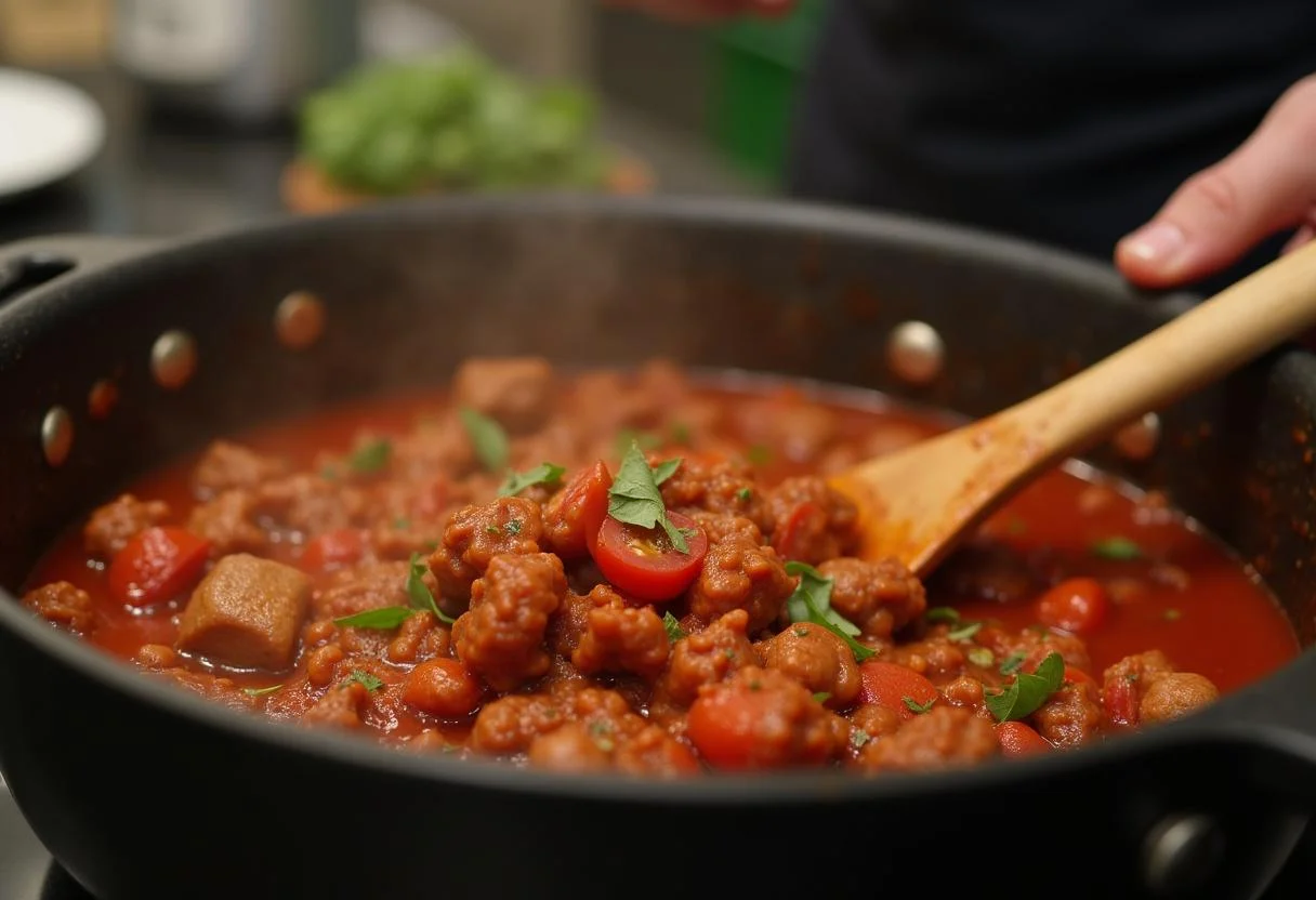 Cozinhando molho de carne e tomate na receita de massa bolonhesa.