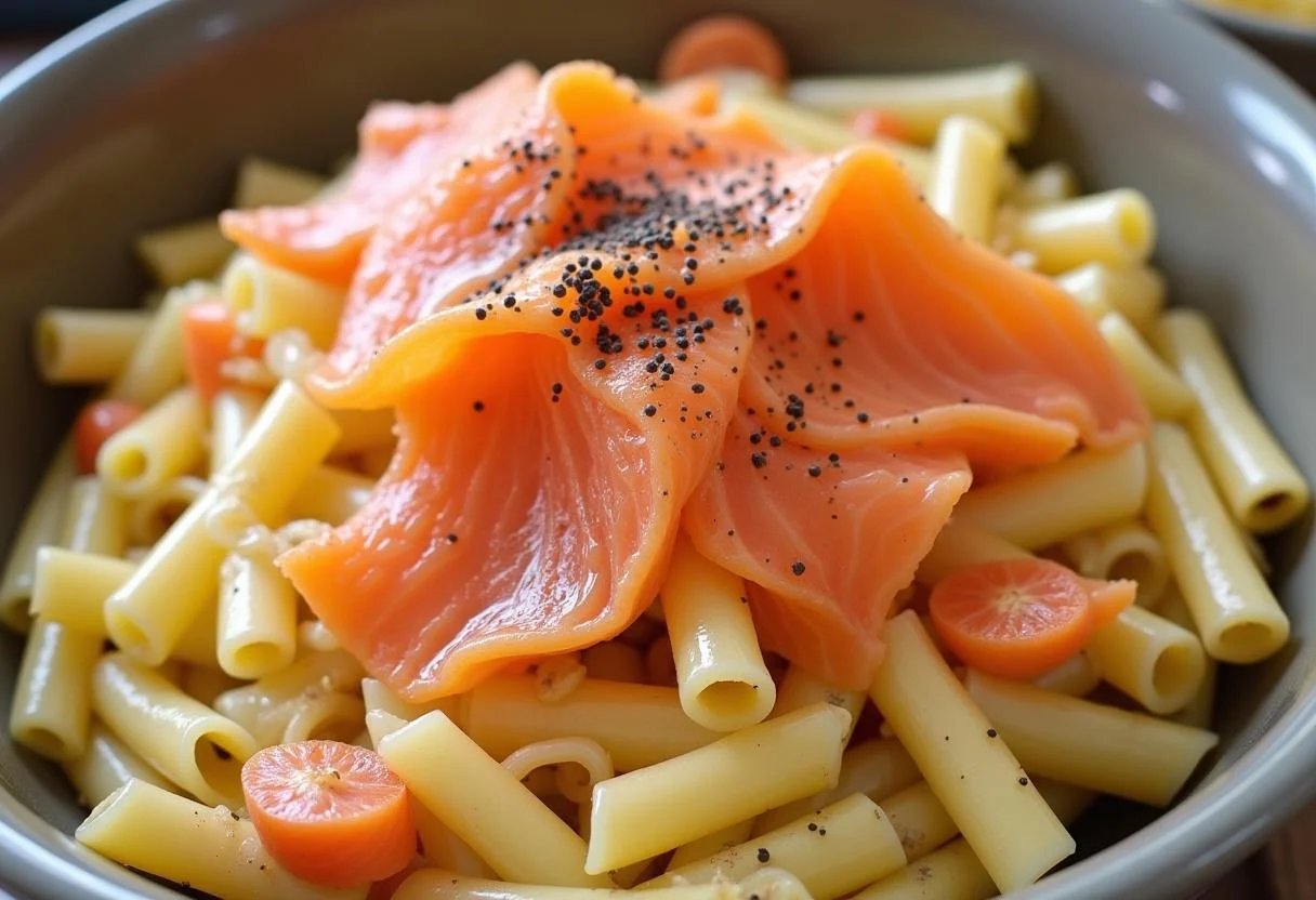 Massa combinada com salmão defumado e chalotas para massa com salmão.