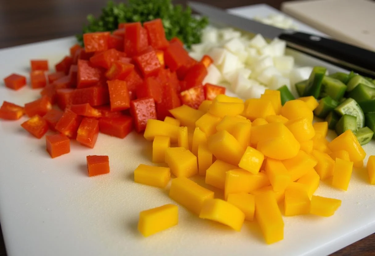 Verduras picadas, prontas para serem misturadas à massa de atum e ovo.