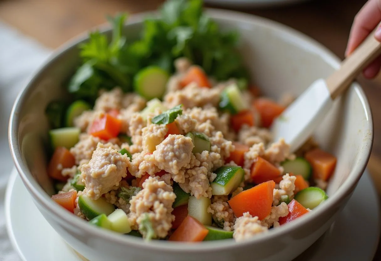 Mistura de atum com maionese e verduras para massa de atum deliciosa.