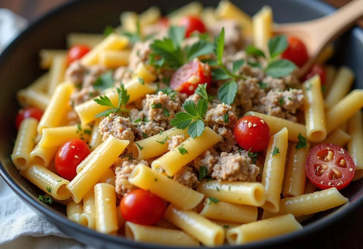 Mistura de massa com atum e ovo em uma tigela grande, recém-preparada.