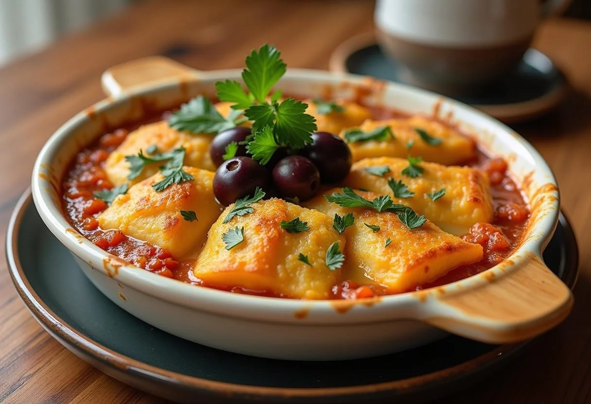 Prato finalizado de massa de bacalhau servido com azeitonas, perfeito para uma refeição deliciosa.