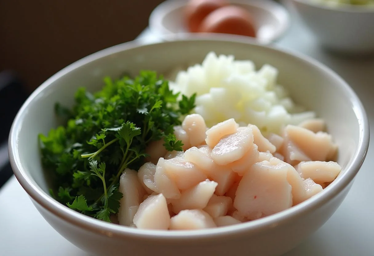 Ingredientes da massa de bacalhau com bacalhau desfiado, salsa e cebolas para o preparo da massada de bacalhau.